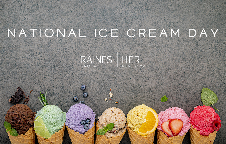 Text that says National Ice Cream Day on a dark background with colorful ice cream cones