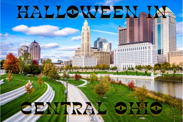 Downtown Columbus in autumn with the text "Halloween in Central Ohio"