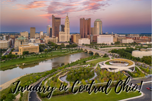 Downtown Columbus skyline at sunset  displaying text, "January in Central Ohio"